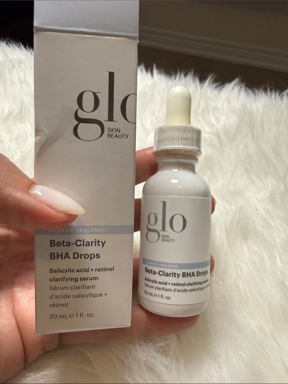 Glo Skin Beauty White Serum Bottle with Silver Text